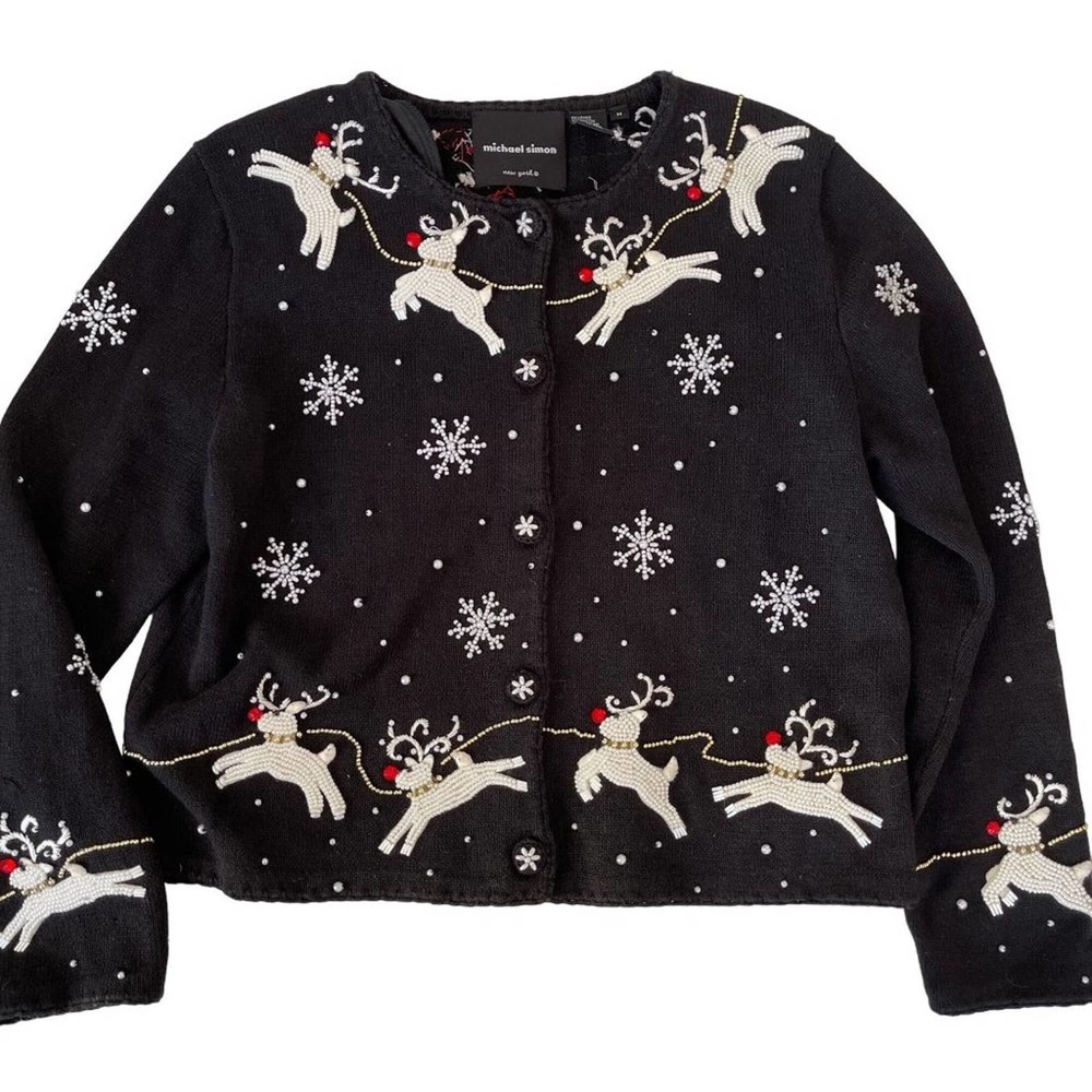 Michael Simon Cardigan Christmas Sweater Art Santa Claus Beaded Reindeer Large